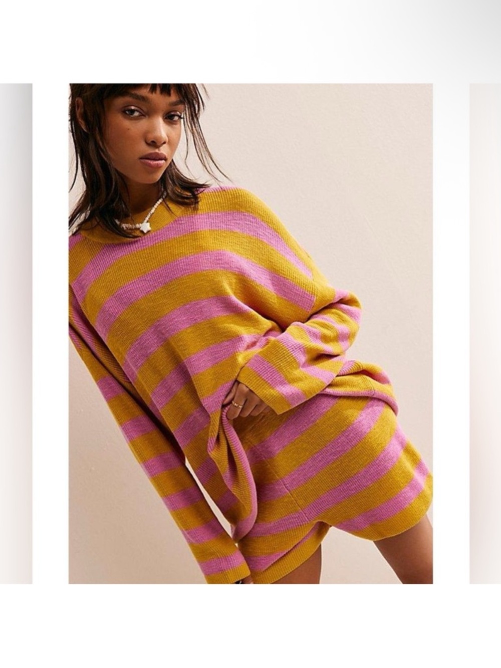 FREE PEOPLE MALIBU SURF SET Striped Pink and Mustard Knit Sweater set M